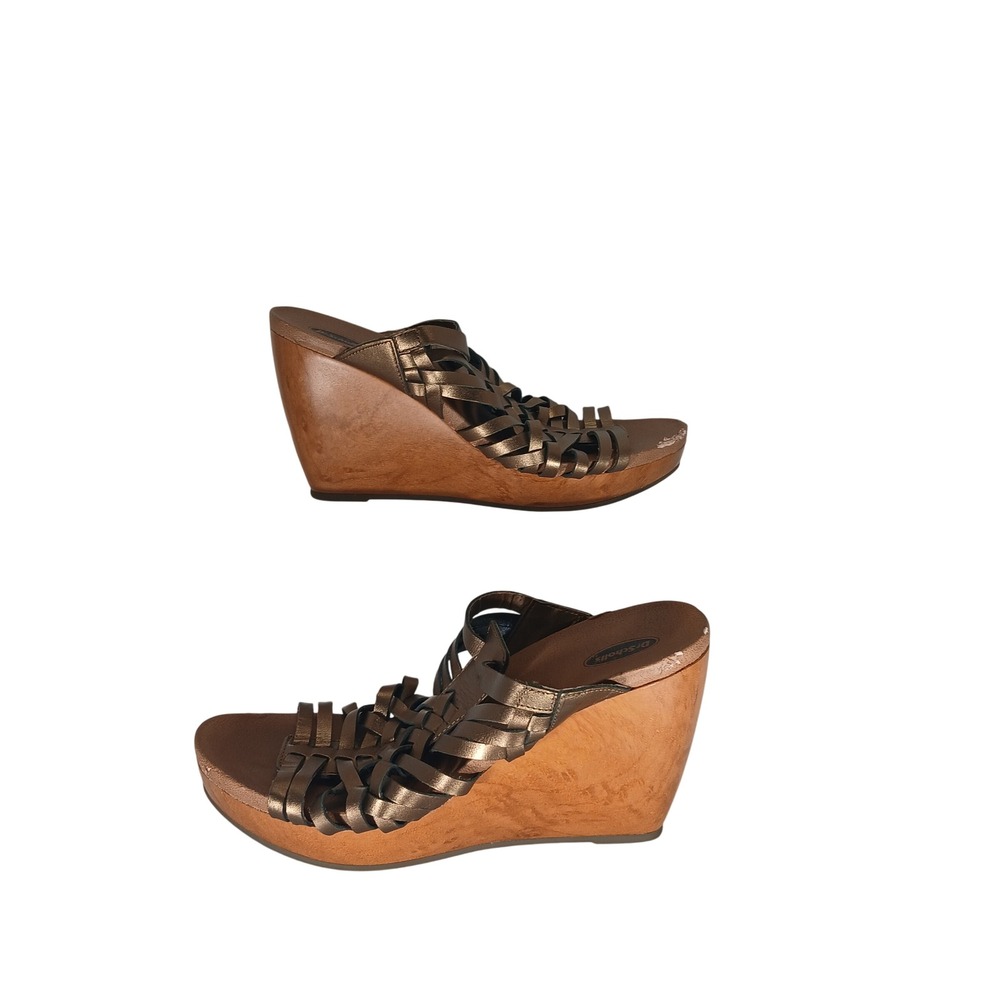 Dr. Scholls Magan Wedge Sandals 8M Bronze Leather Woven Boho Metallic Chic